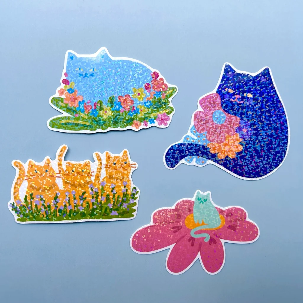 Glitter Sticker Purple Cat with Flowers