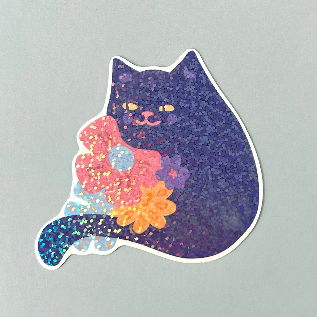 Glitter Sticker Purple Cat with Flowers
